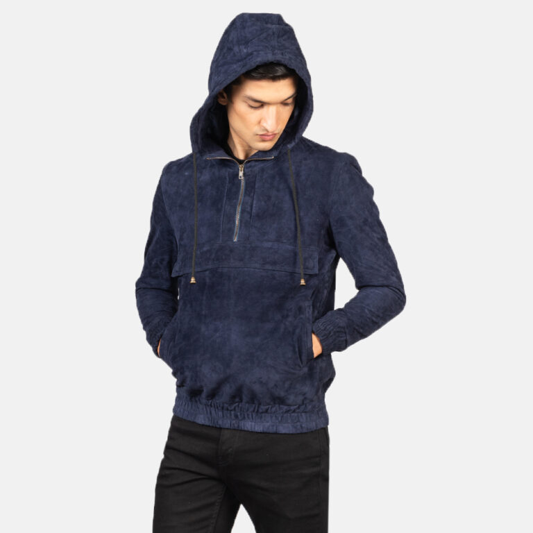 Mens Kenton Hooded Blue Suede Pullover Jacket Open Front-4-1634134774372